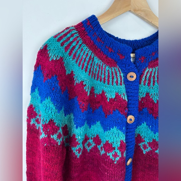 Vintage Hand Knit Fair Isle Cardigan Sweater - Picture 5 of 7
